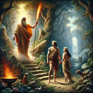 24. І вигнав Адама; і поставив на сході раю Едемського херувима і полумяний меч, що обертався, щоб стерегти дорогу до дерева життя.