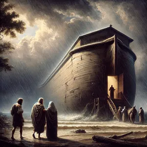 7. І ввійшов Ной, і сини його, і жінка його, і невістки його з ним до ковчегу від вод потопу.