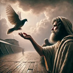 9. Та не знайшла голубка місця спочинку для своєї ноги, і вернулася до нього до ковчега, бо вода була по всій землі. І він простяг руку свою, і взяв її, і до себе до ковчега ввібрав.